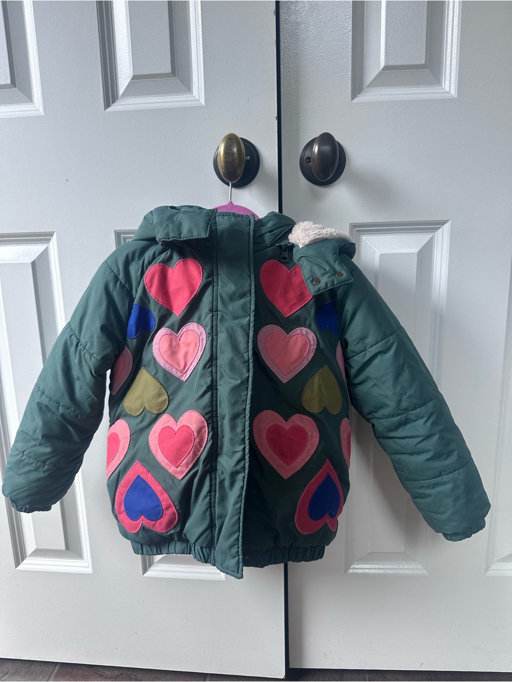 Mini Boden Girl’s Green Puffer Jacket with Colorful Heart Patches